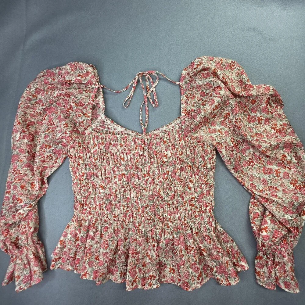 LucyParis Top Womens Medium Pink Floral Smocked Puff Sleeve Peplum Boho Festive